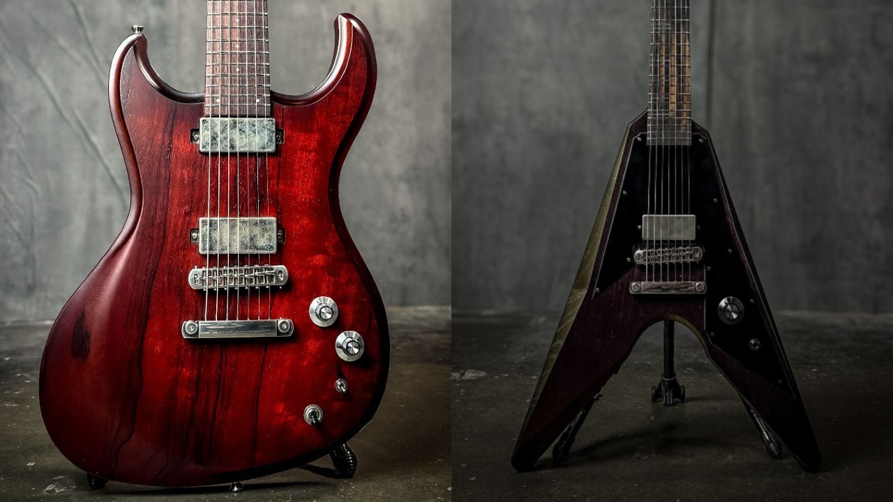 Two Dunable production series 7-string electric guitars in deep red finish, one double-cut and one V-style body.