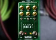Wampler The Golden Jubilee guitar effects pedal in green finish with gold knobs and dual footswitches for overdrive and distortion.