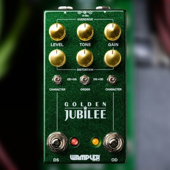 Wampler The Golden Jubilee guitar effects pedal in green finish with gold knobs and dual footswitches for overdrive and distortion.
