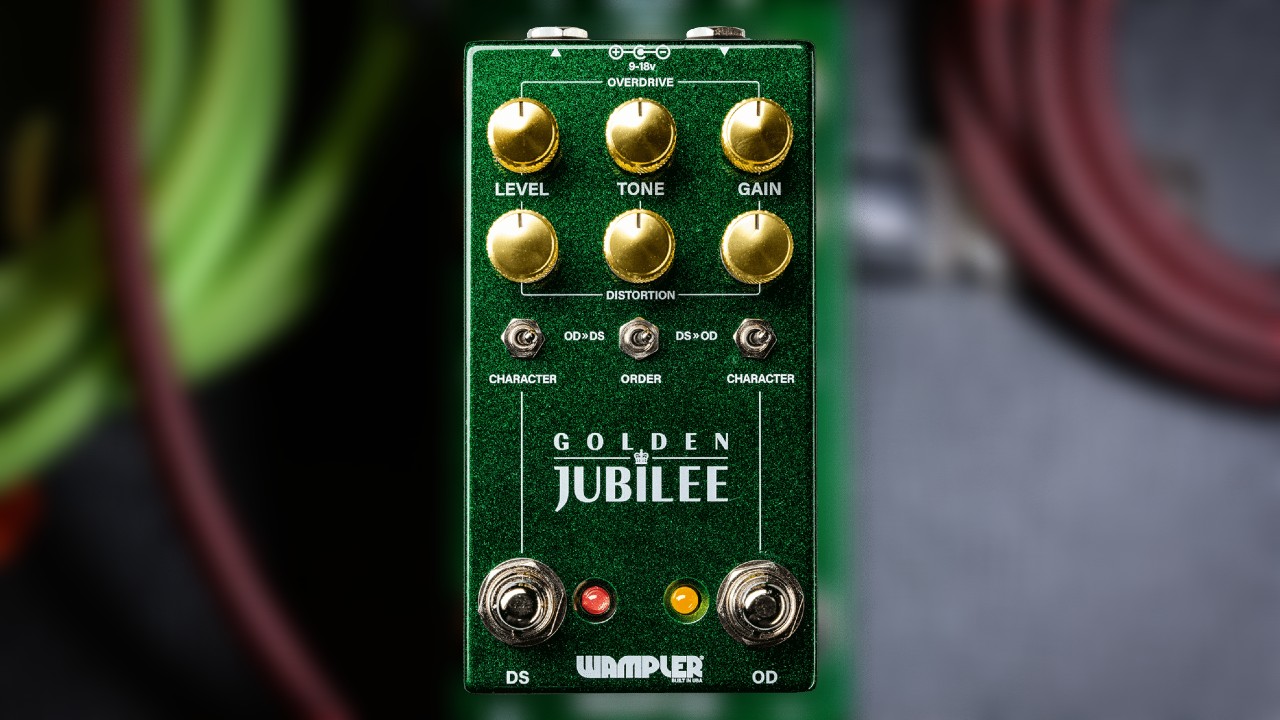 Wampler The Golden Jubilee guitar effects pedal in green finish with gold knobs and dual footswitches for overdrive and distortion.