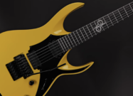 Yellow solid-body electric guitar with black pickguard, dual humbuckers, and a Floyd Rose-style tremolo bridge against a dark background.