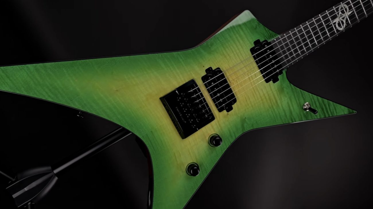 Solar Guitars XF6LB electric guitar with green burst finish and aggressive X-style body.