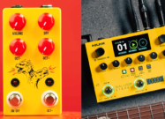 JHS Double Dragon Lo-Fi Octave pedal and NUX Dual-Loop Stereo looper pedal in yellow enclosures