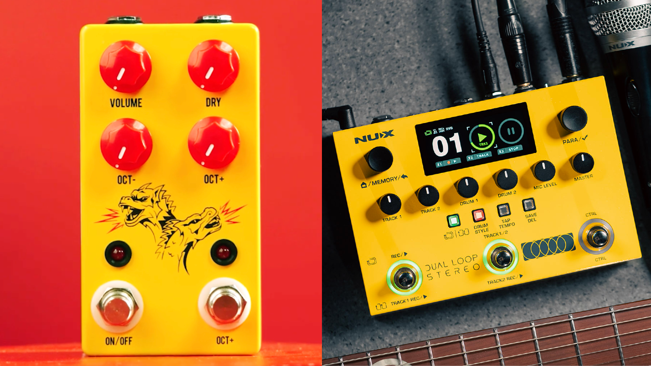 JHS Double Dragon Lo-Fi Octave pedal and NUX Dual-Loop Stereo looper pedal in yellow enclosures