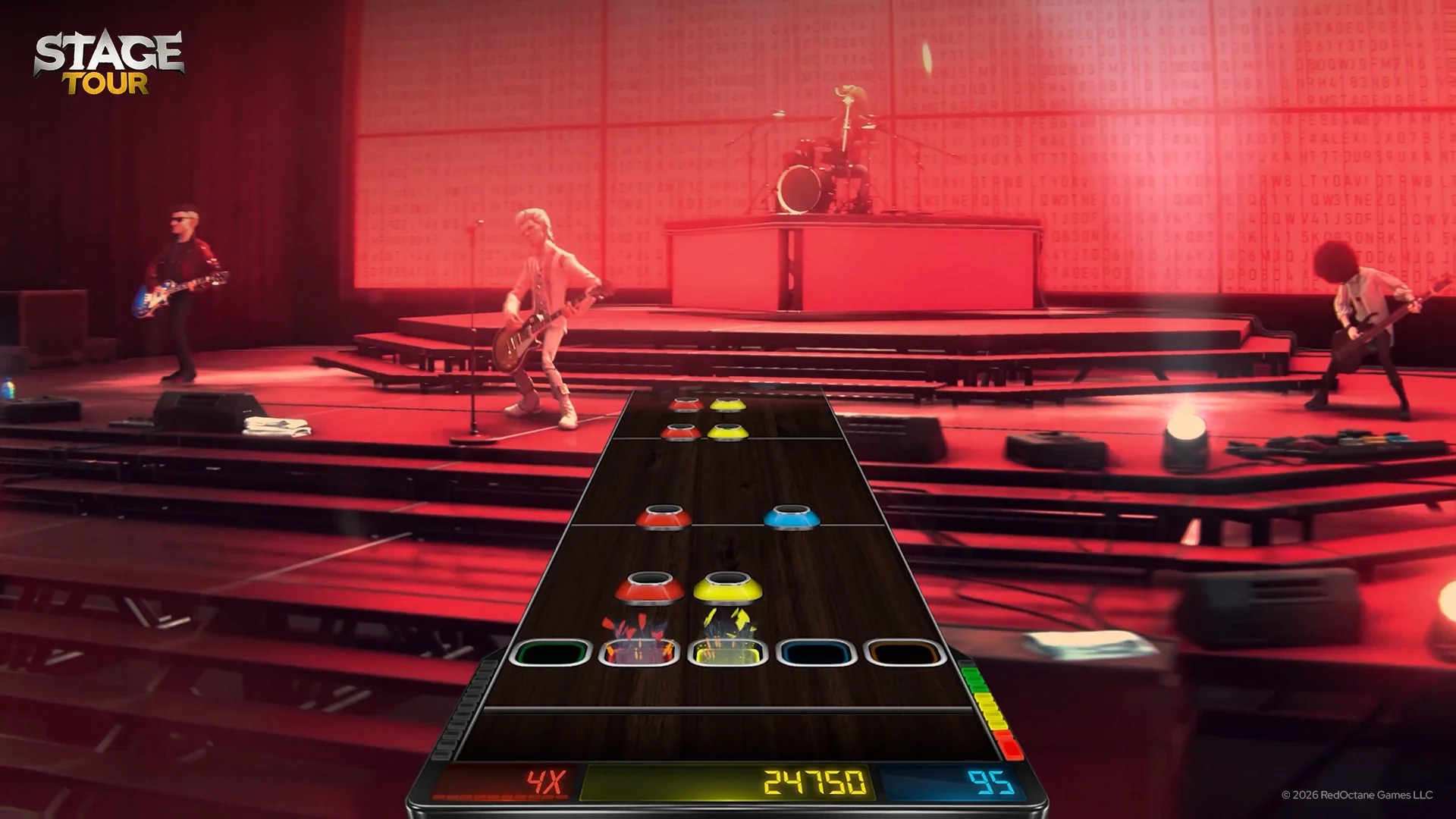 Gameplay screenshot of Stage Tour showing a band performing on stage with a guitar rhythm track interface in the foreground.