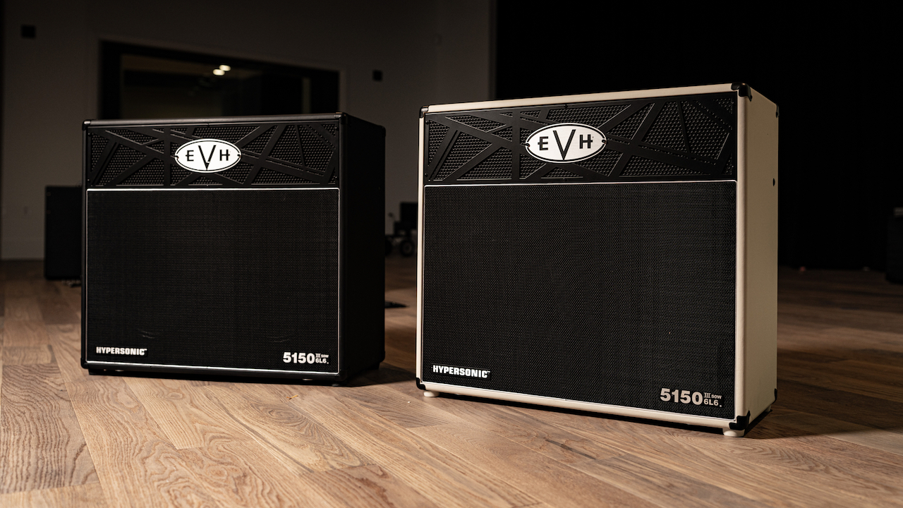 Side-by-side photo of two EVH 5150III Hypersonic 6L6 2x12 combo amplifiers, shown in black and ivory vinyl finishes, featuring front control panels, speaker cabinets, and footswitches in a studio setting.
