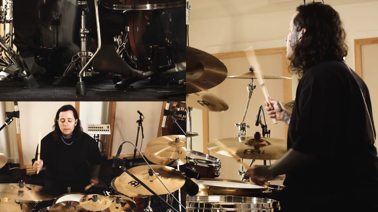 Austin Archey performing on a drum kit in a recording studio, captured in a multi-angle split-screen view with cymbals, kick pedals, and drumsticks in motion.