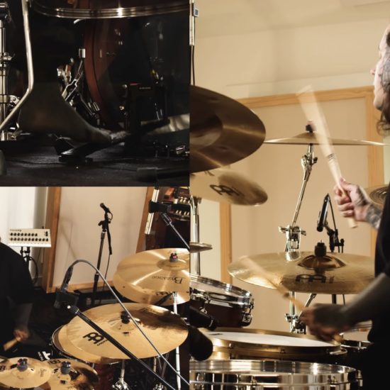 Austin Archey performing on a drum kit in a recording studio, captured in a multi-angle split-screen view with cymbals, kick pedals, and drumsticks in motion.