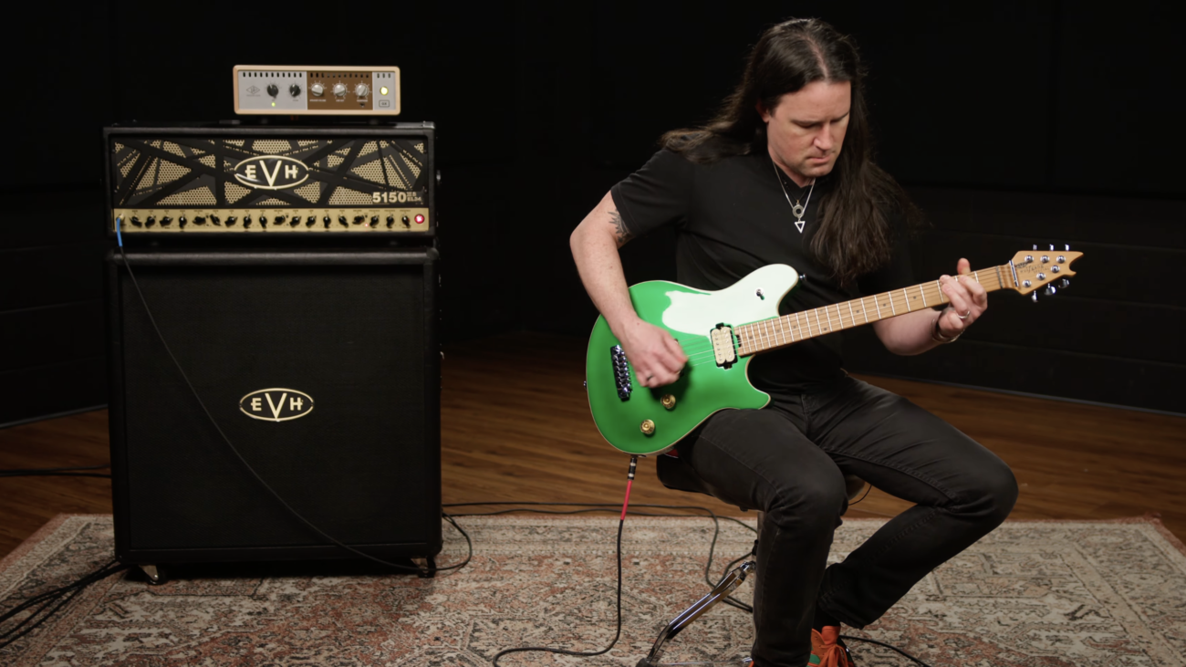 Guitarist Ben Eller demoing a green EVH Wolfgang Special electric guitar through an EVH 5150III EL34 amp stack in a professional studio setting.