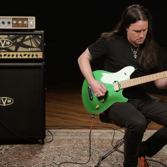 Guitarist Ben Eller demoing a green EVH Wolfgang Special electric guitar through an EVH 5150III EL34 amp stack in a professional studio setting.