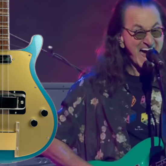 Geddy Lee performing live on stage beside a photoshopped image of his new Rickenbacker bass guitar, highlighting the instrument’s design and finish.