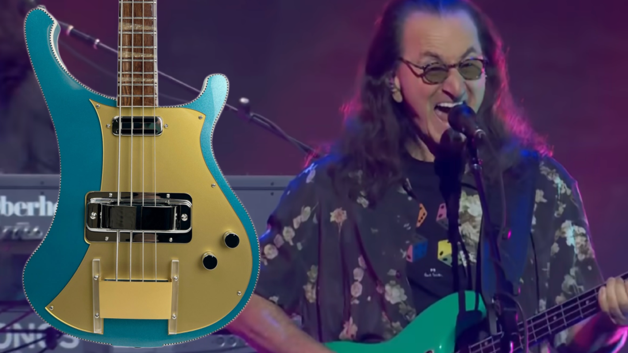 Geddy Lee performing live on stage beside a photoshopped image of his new Rickenbacker bass guitar, highlighting the instrument’s design and finish.