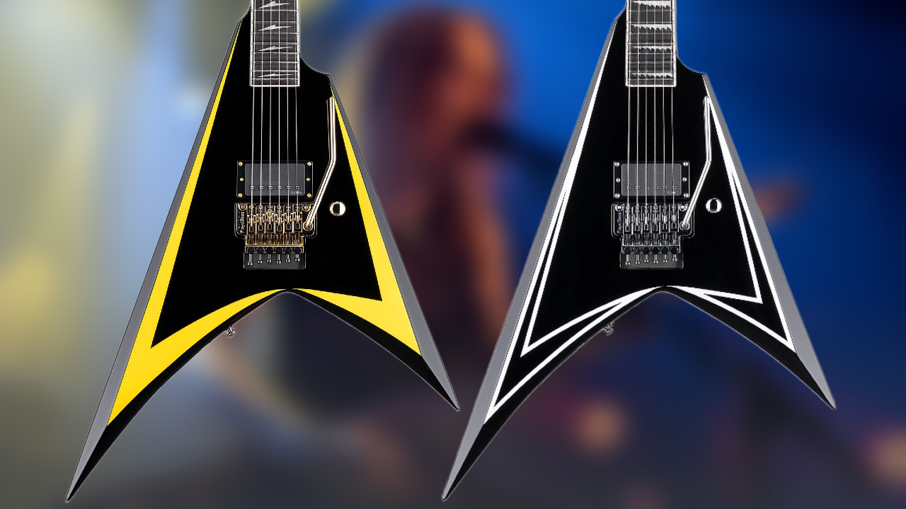 Two special edition ESP Guitars Alexi Laiho signature electric guitars are displayed side by side against a blurred concert-style background. The guitar on the left features a black offset V-shaped body with bold yellow bevel accents and gold hardware, while the guitar on the right has a black body with sharp white pinstripe graphics and chrome hardware. Both guitars feature Floyd Rose tremolos, single humbucker pickups, and aggressive metal-inspired styling.