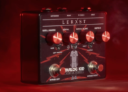 Lerxst Analog Kid Chorus guitar effects pedal from Lerxst Amplification displayed against a dramatic red smoky background, featuring dual footswitches and four control knobs inspired by classic Rush chorus tones.