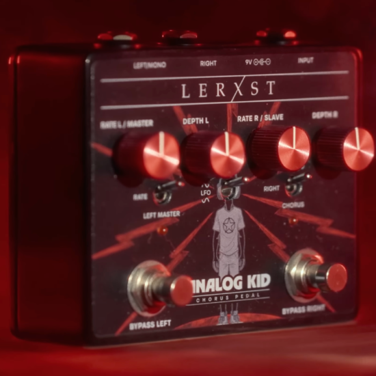 Lerxst Analog Kid Chorus guitar effects pedal from Lerxst Amplification displayed against a dramatic red smoky background, featuring dual footswitches and four control knobs inspired by classic Rush chorus tones.