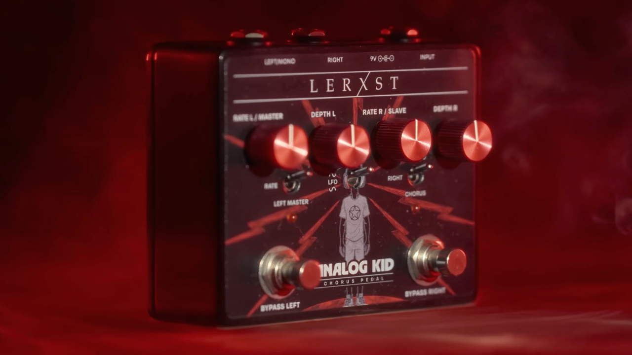Lerxst Analog Kid Chorus guitar effects pedal from Lerxst Amplification displayed against a dramatic red smoky background, featuring dual footswitches and four control knobs inspired by classic Rush chorus tones.