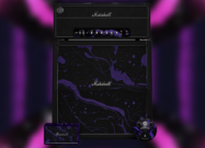 Marshall x Hendrix limited-edition half-stack bundle featuring a black 100-watt Marshall amplifier head and matching 4x12 cabinet with purple psychedelic splatter graphics, accompanied by a custom purple Fuzz Face pedal against a neon purple background.