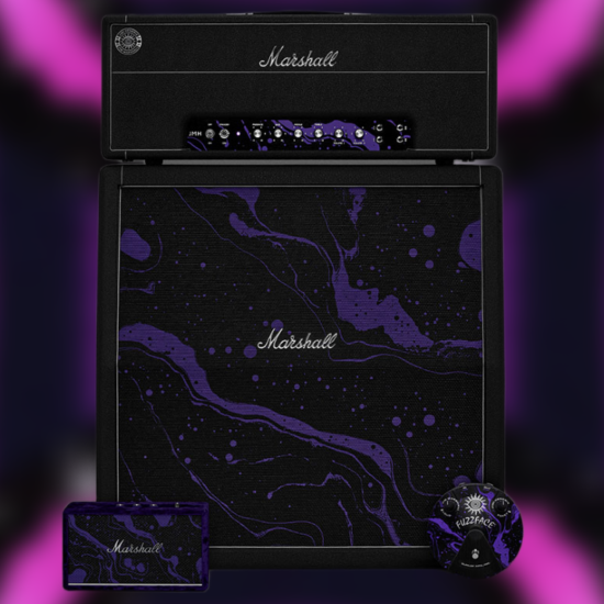 Marshall x Hendrix limited-edition half-stack bundle featuring a black 100-watt Marshall amplifier head and matching 4x12 cabinet with purple psychedelic splatter graphics, accompanied by a custom purple Fuzz Face pedal against a neon purple background.