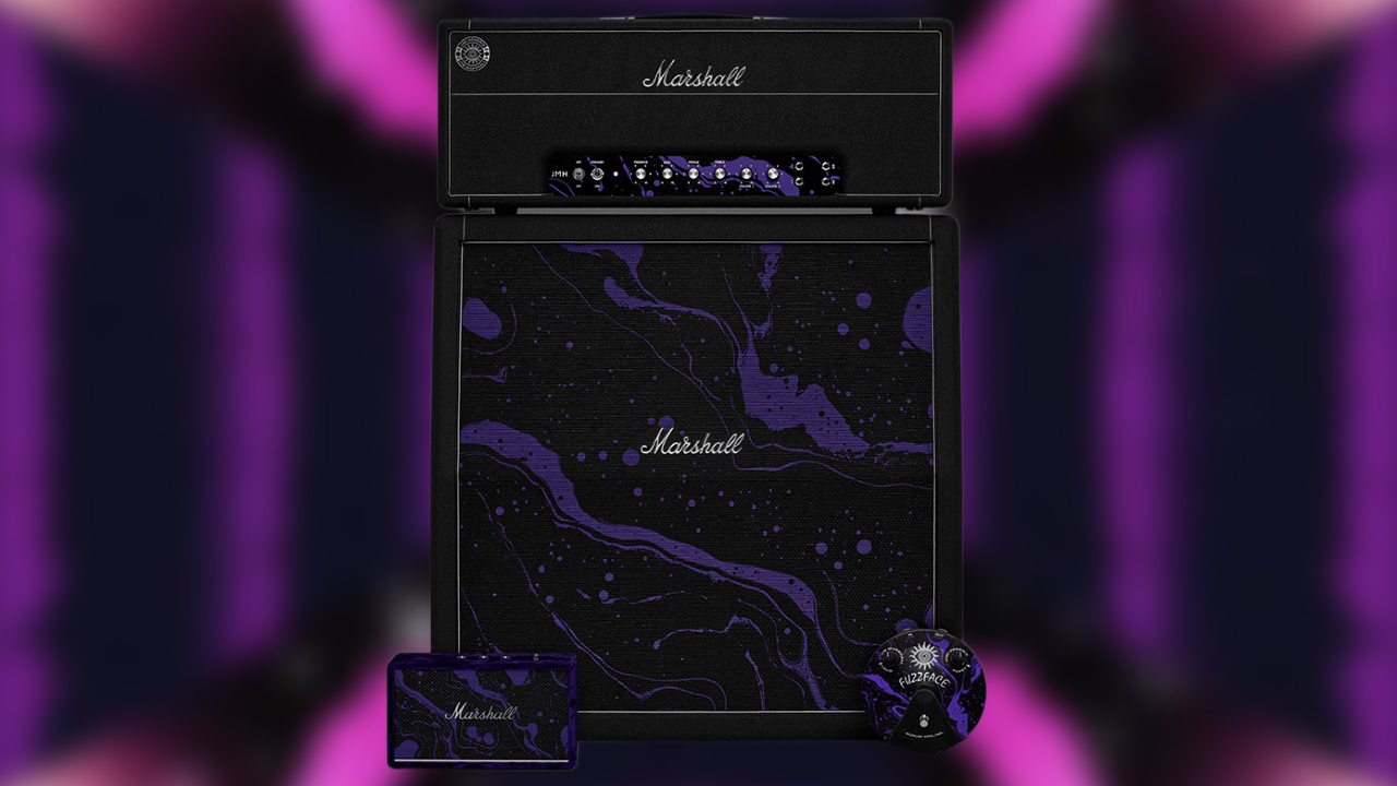 Marshall x Hendrix limited-edition half-stack bundle featuring a black 100-watt Marshall amplifier head and matching 4x12 cabinet with purple psychedelic splatter graphics, accompanied by a custom purple Fuzz Face pedal against a neon purple background.