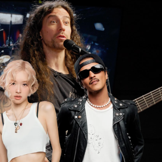 A photo of Archspire bassist Jared Smith behind Rosé and Bruno Mars