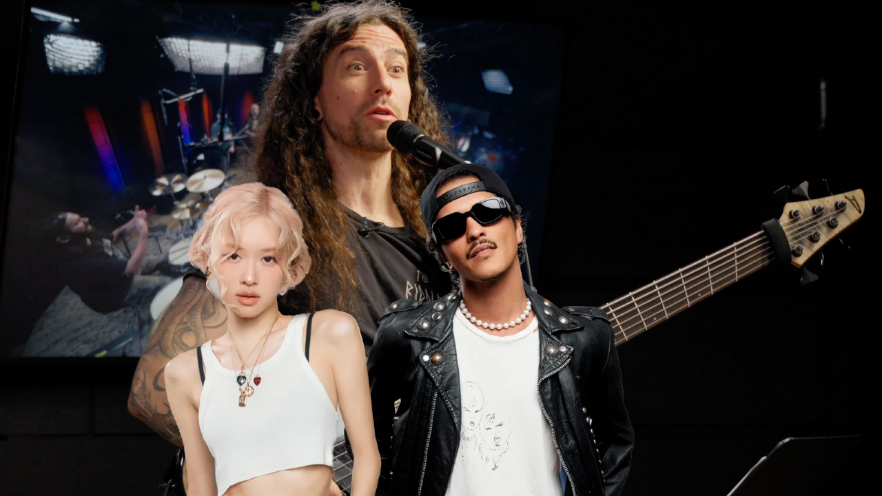 A photo of Archspire bassist Jared Smith behind Rosé and Bruno Mars