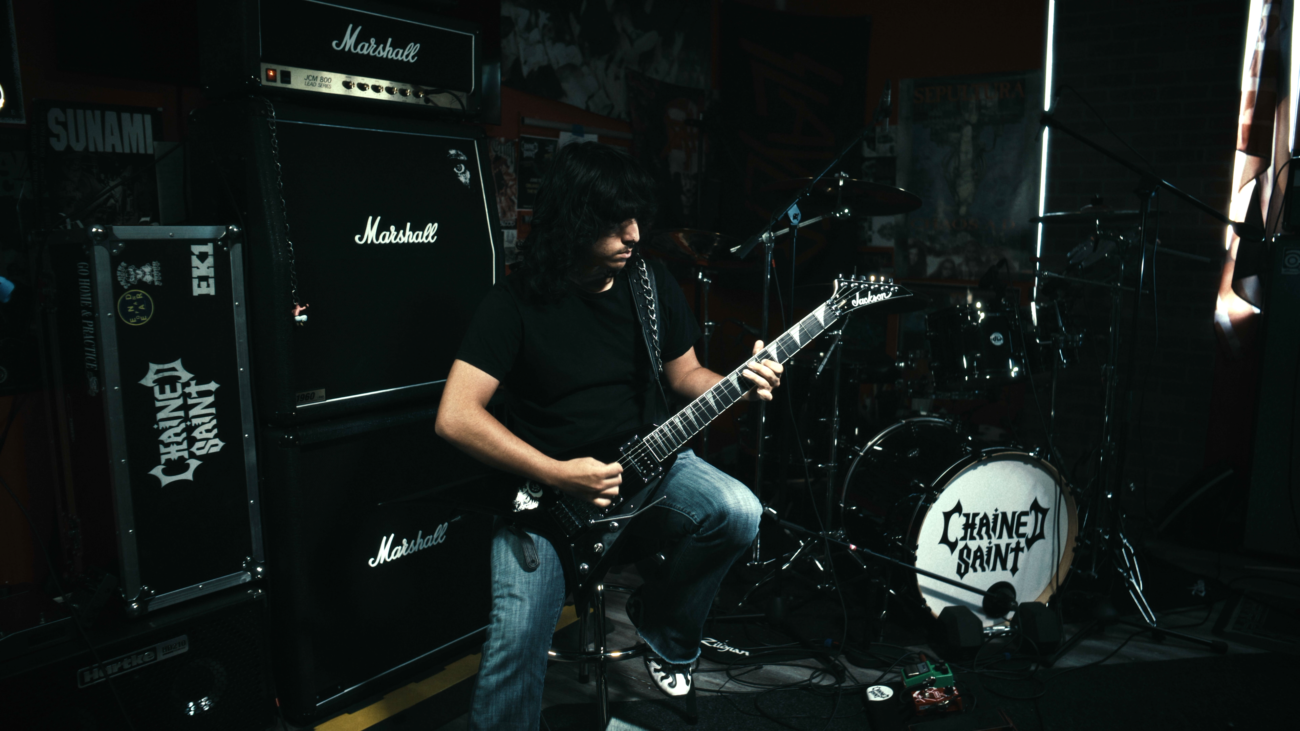 A photo of Ethan Kahn of Chained Saint performing "Dark Side of the Cross"