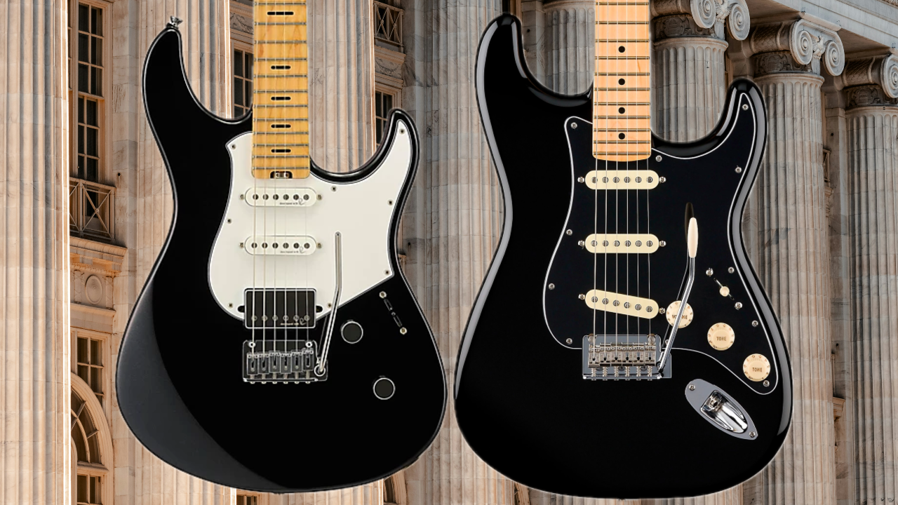 A photo of the Yamaha Pacifica and Fender Stratocaster side-by-side, illustrating the Fender lawsuit