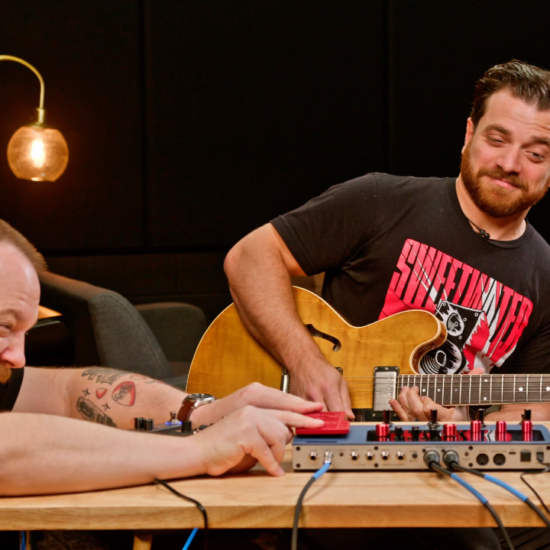 A photo of Ryan "Fluff" Bruce and Steve Sterlacci demoing through Valeton pedals