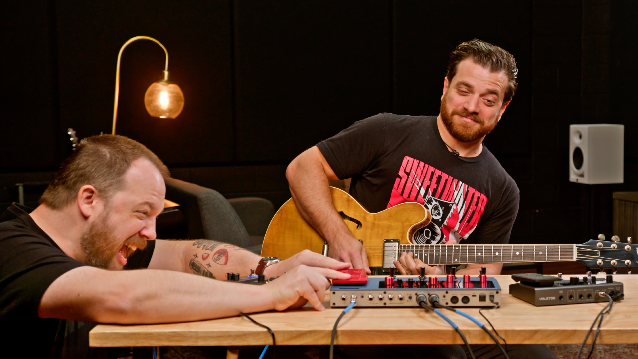 A photo of Ryan "Fluff" Bruce and Steve Sterlacci demoing through Valeton pedals
