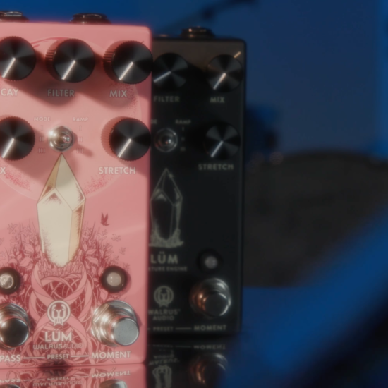 A photo of the Walrus Audio Lum pedal in Guava and Black finishes