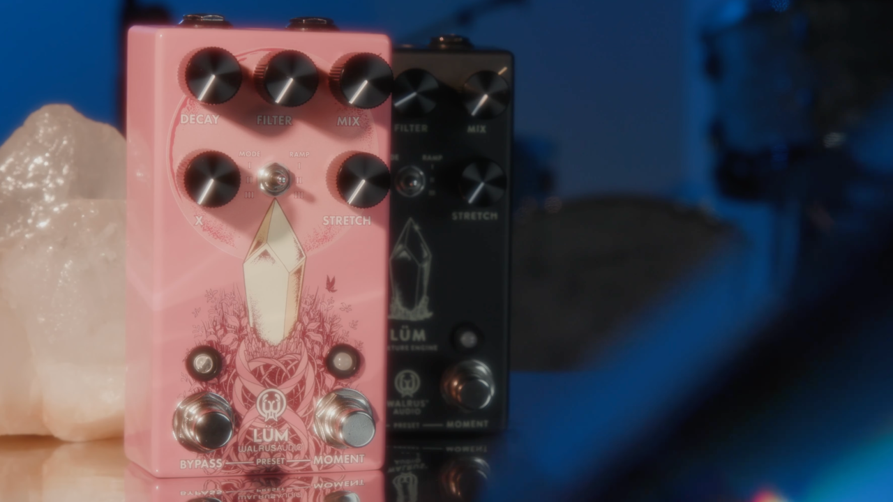 A photo of the Walrus Audio Lum pedal in Guava and Black finishes