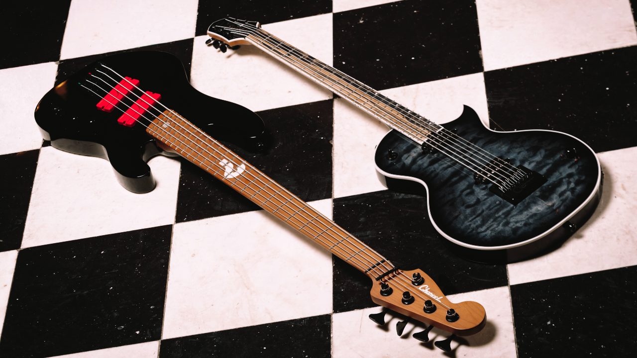 A photo of the Jackson Pro Plus Series Signature Sleep Token IV Monarkh SC and Charvel Sleep Token III Signature Pro-Mod San Dimas Bass V.