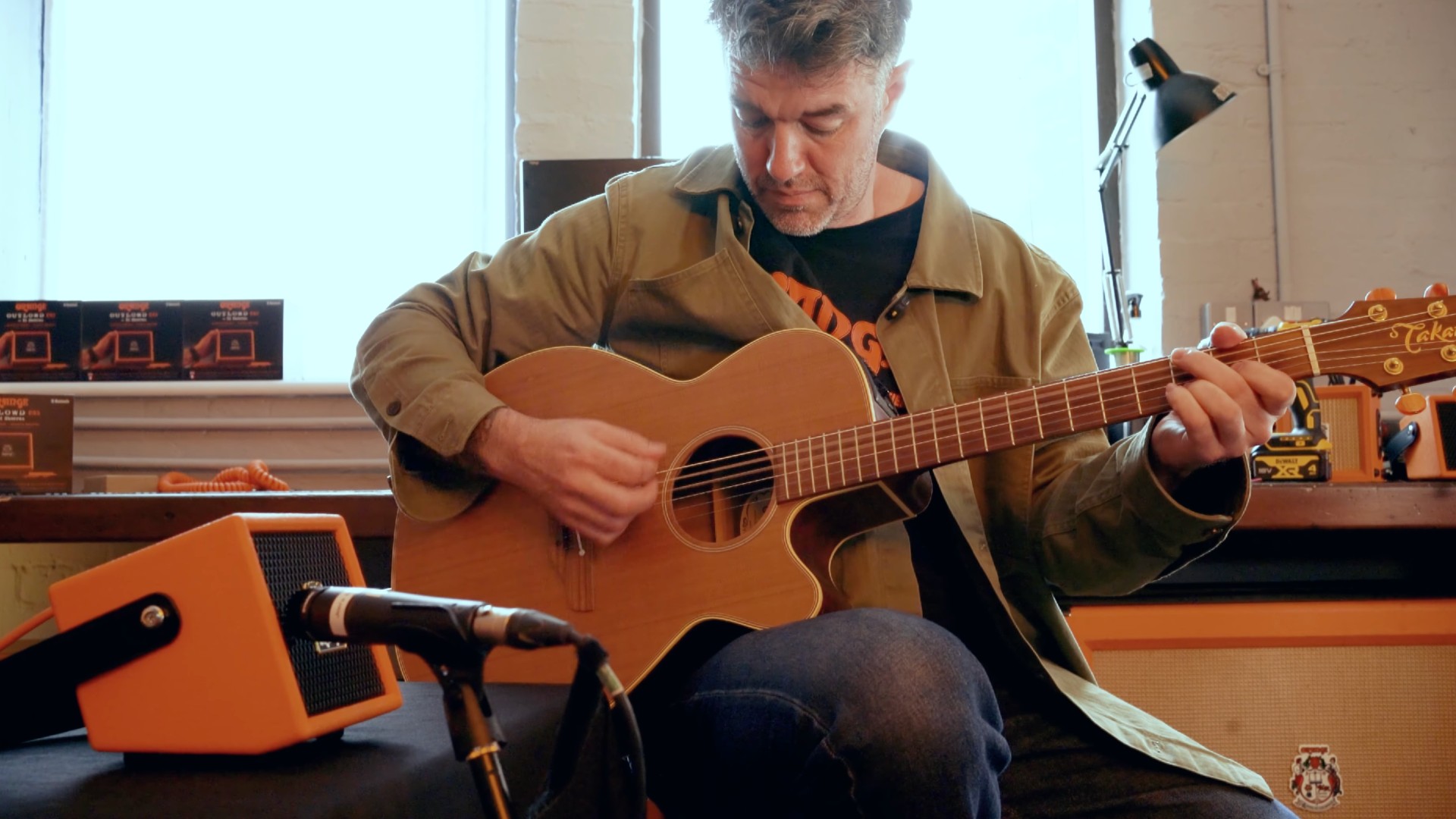 A photo of someone demoing the Orange Outlowd ES3 amplifier.