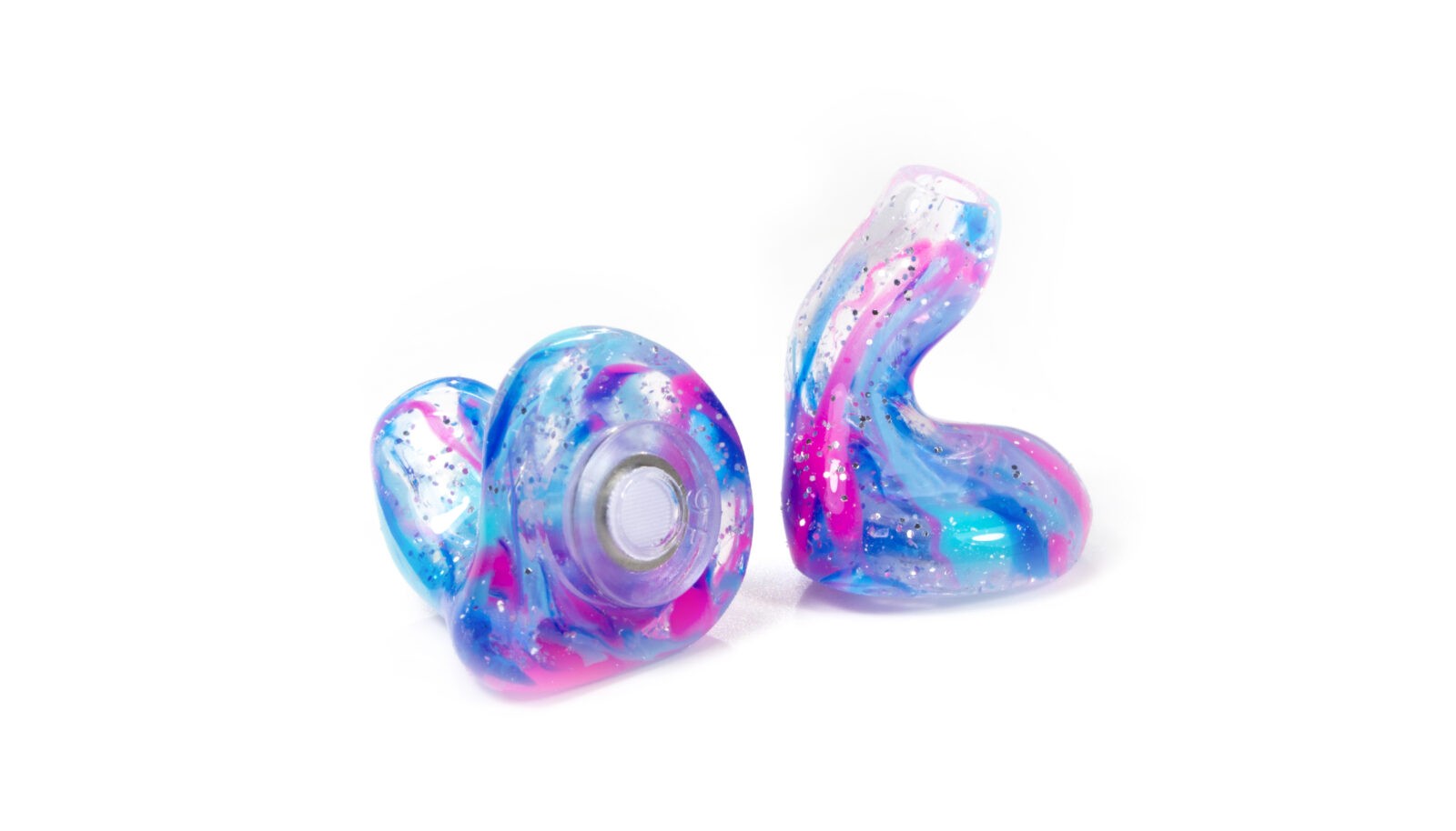 Microsonic custom earplugs in a pink and blue glitter swirl