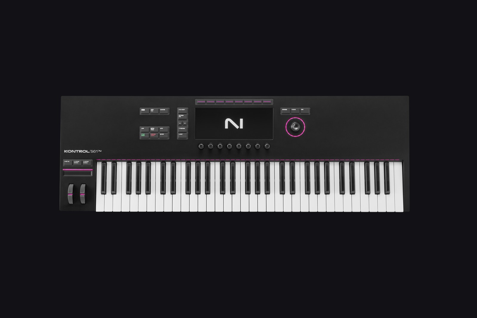 Front view of the Native Instruments Kontrol S61 MK3 61-key keyboard controller on a dark background