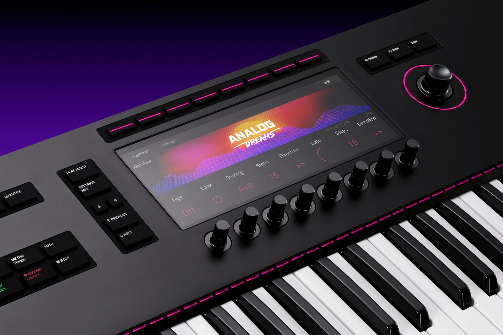 Close-up of the glass screen, encoders and Light Guide on the Native Instruments Kontrol S61 MK3