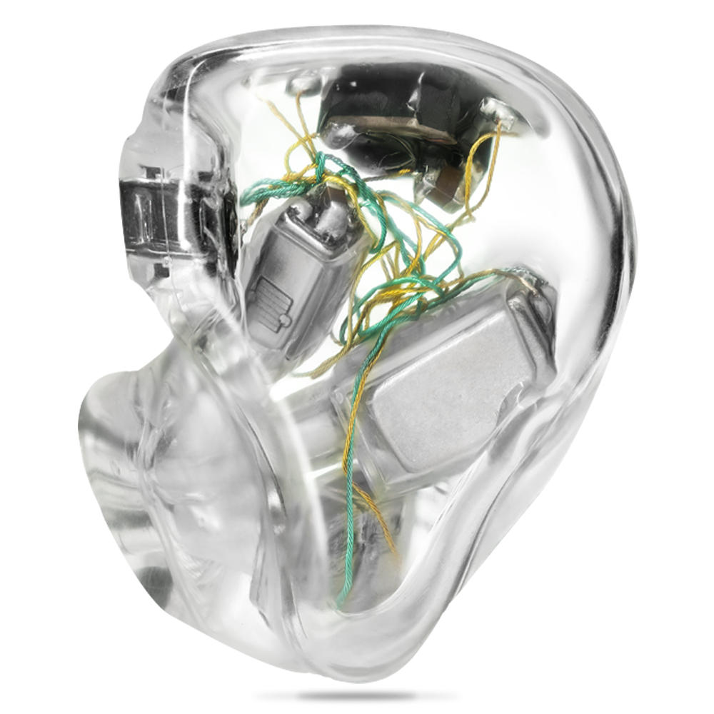 Ultimate Ears UE 18+ Pro custom in-ear monitor with a clear shell showing the internal drivers