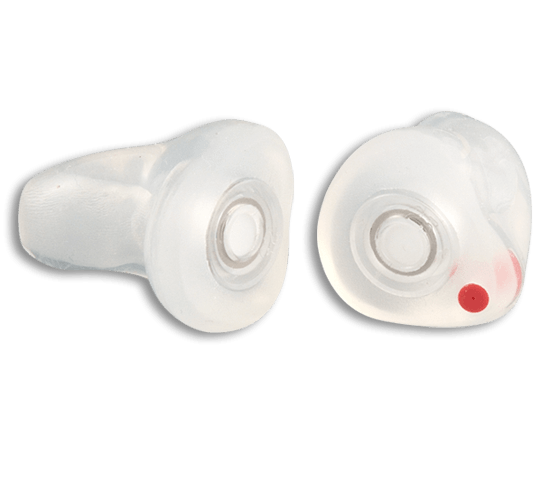 Clear Microsonic custom earplugs from Ultimate Ears with filters installed