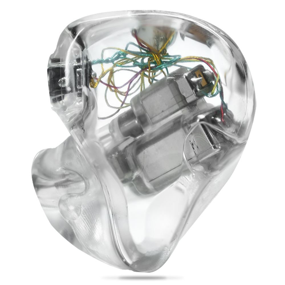 Clear shell UE Reference Remastered showing three balanced armature drivers